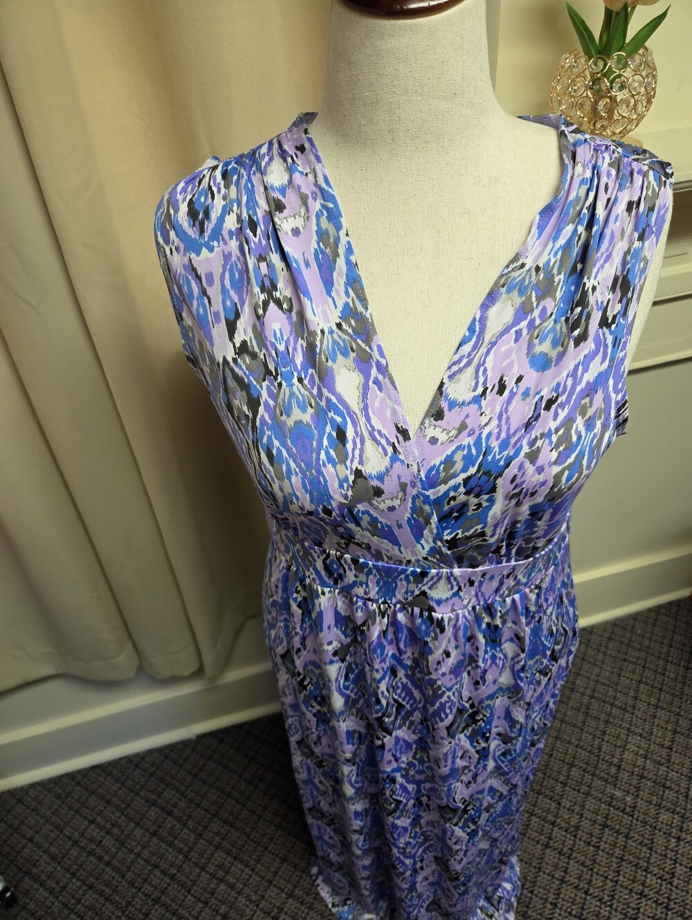 James & Erin Purple Blue Printed V-Neck Maxi Dress Dize XL